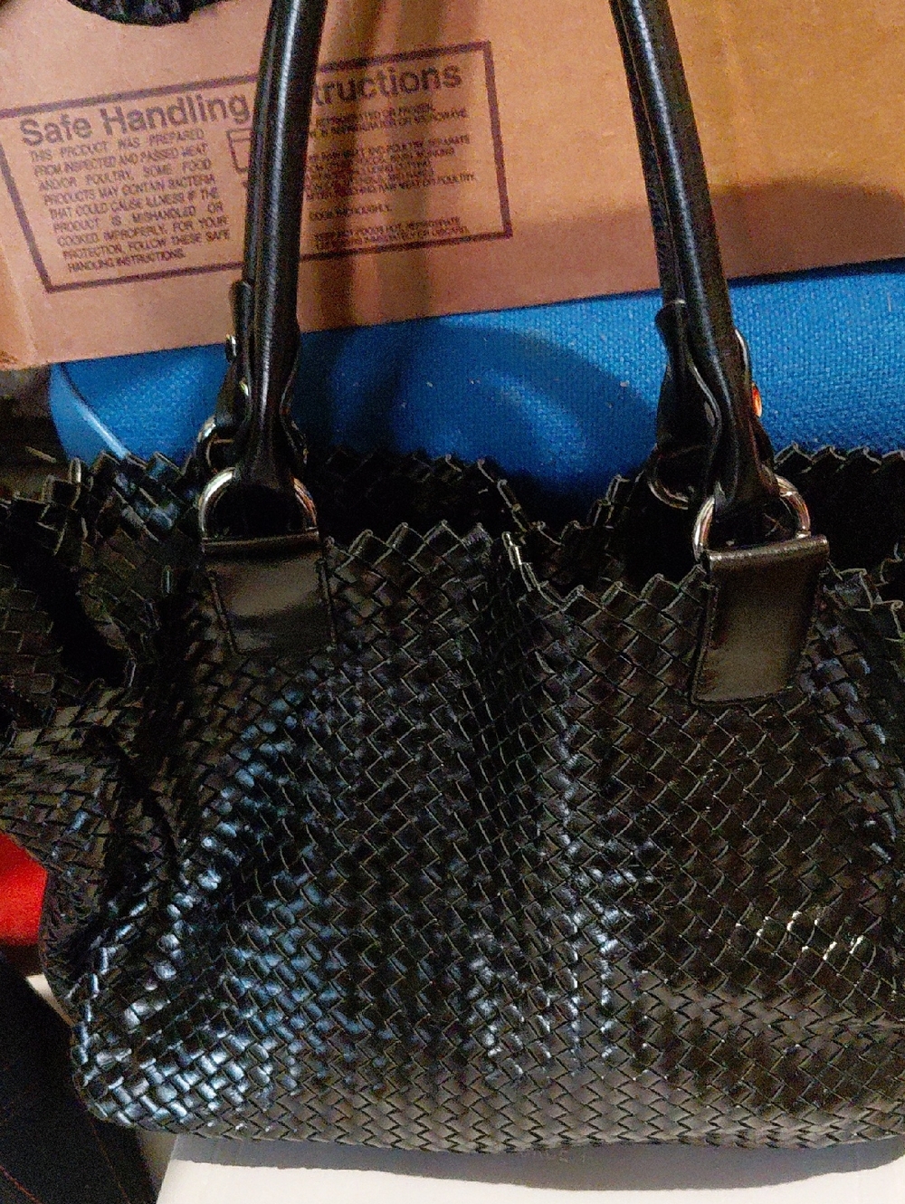 Francesco Biasia Black Woven Patent Leather Tote